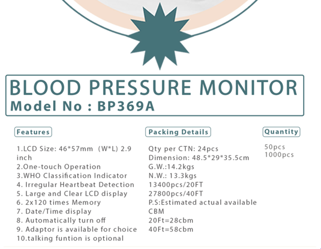 Blood Pressure Monitor - Model No BP369A